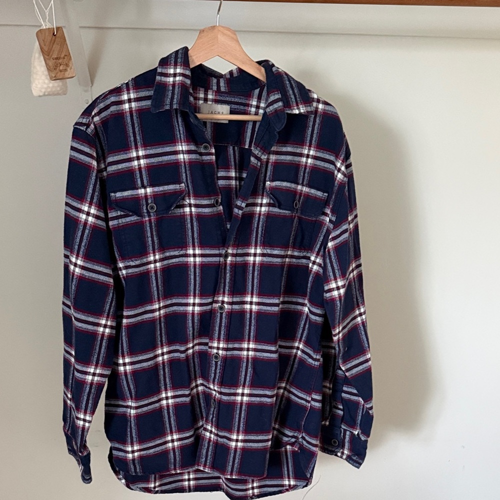 Navy Plaid Button-Up Shirt with White & Red Check